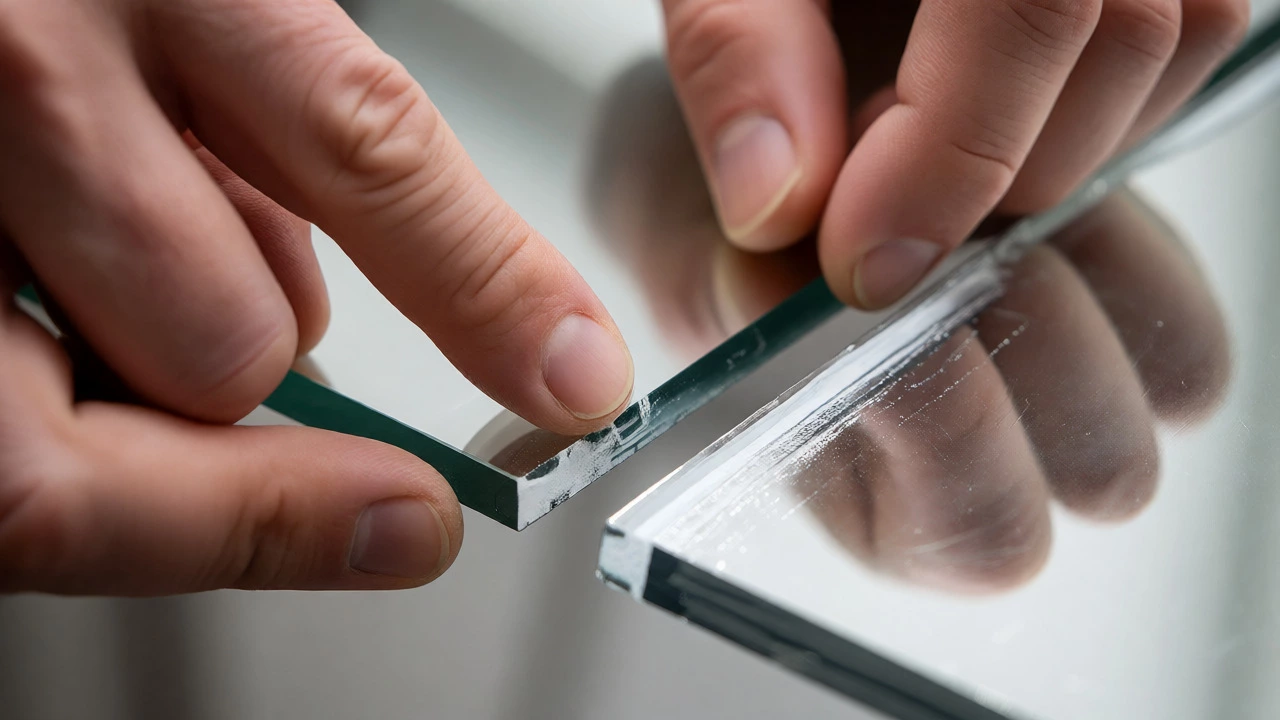 Hands inspecting the unsealed raw edges of a mirror backing for quality checks.