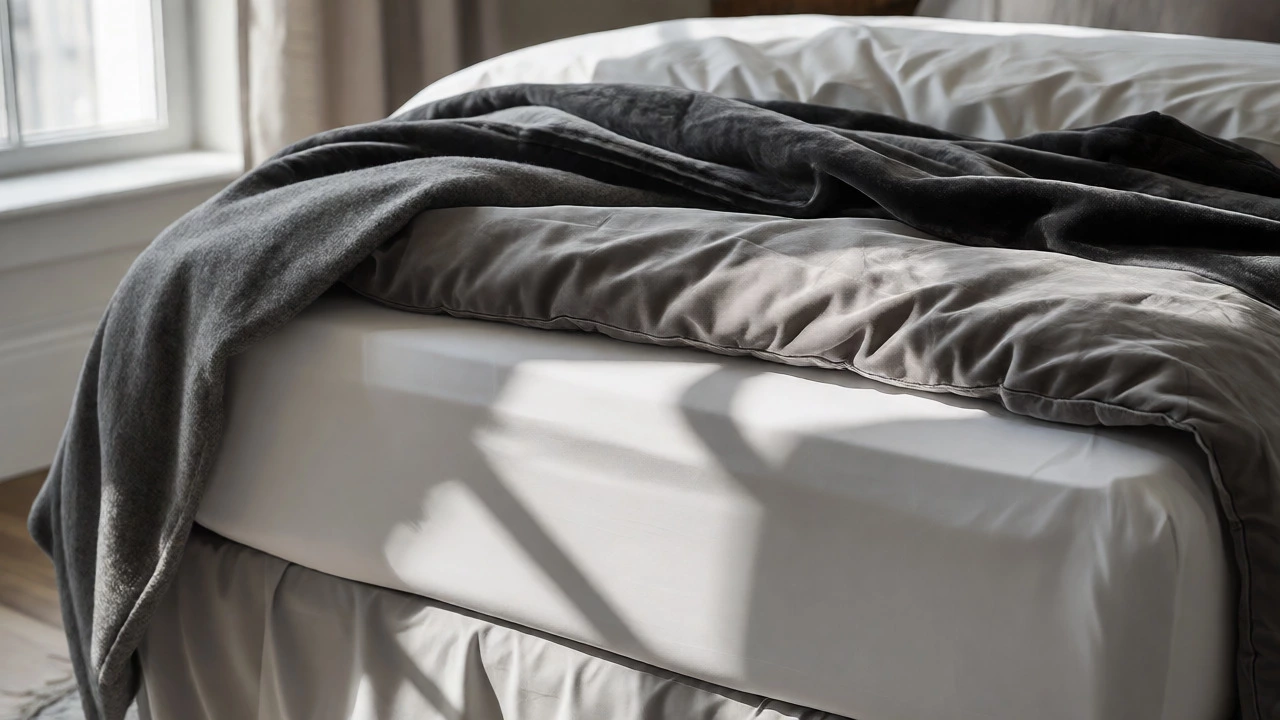 Layered bed with fitted sheet, wool blanket, and decorative throw