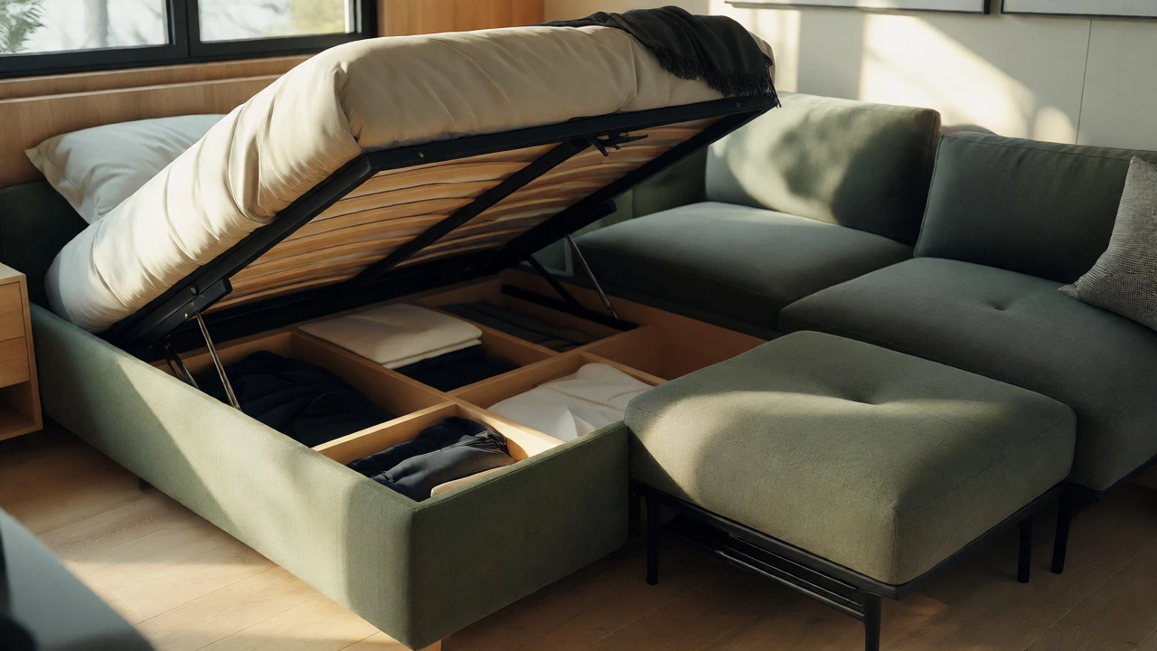 Lift-up bed revealing under-bed storage in a modern tiny home bedroom