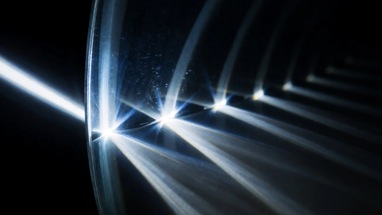 Macro view of light beams bouncing between mirrors, showing progressive dimming.