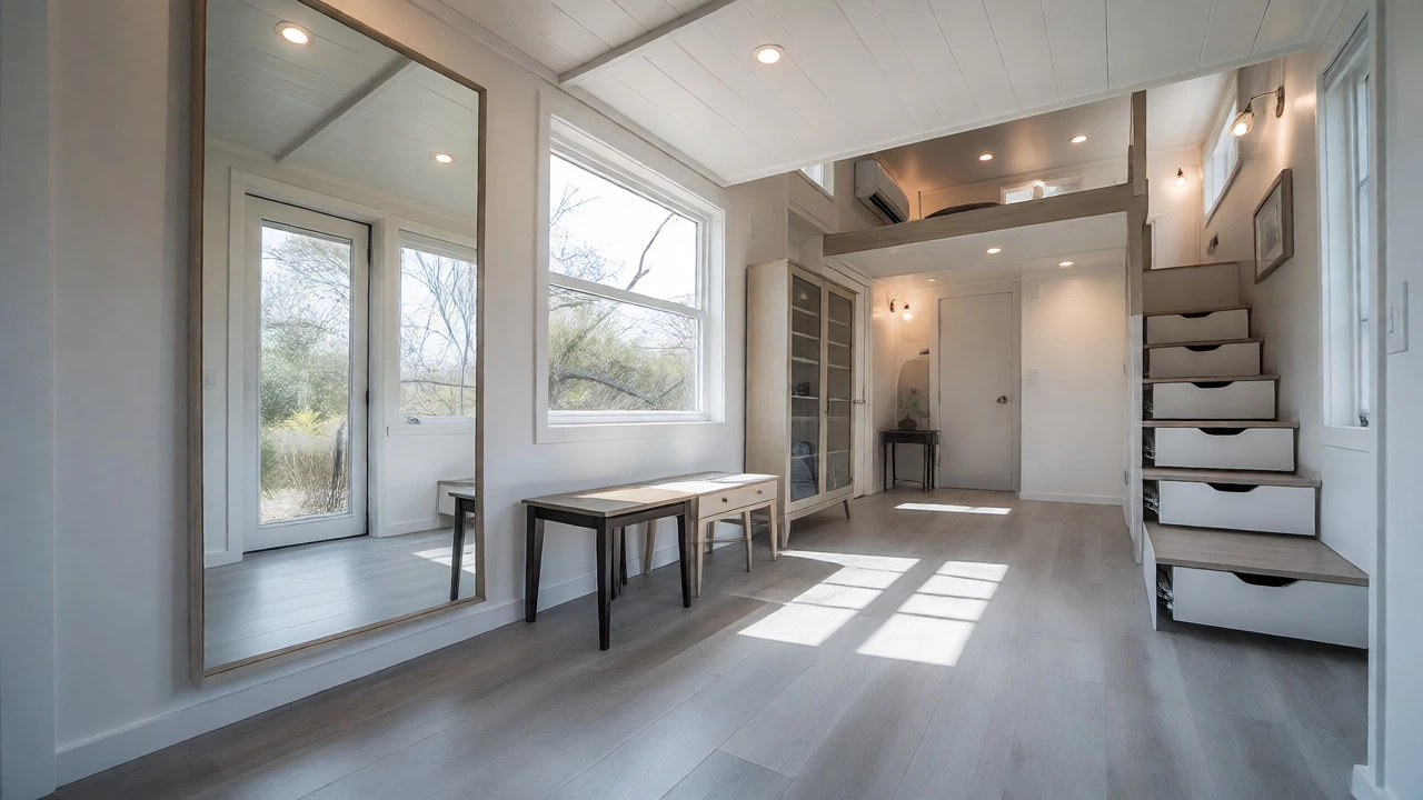 Mirror and low-profile furniture expanding perceived space in a tiny house
