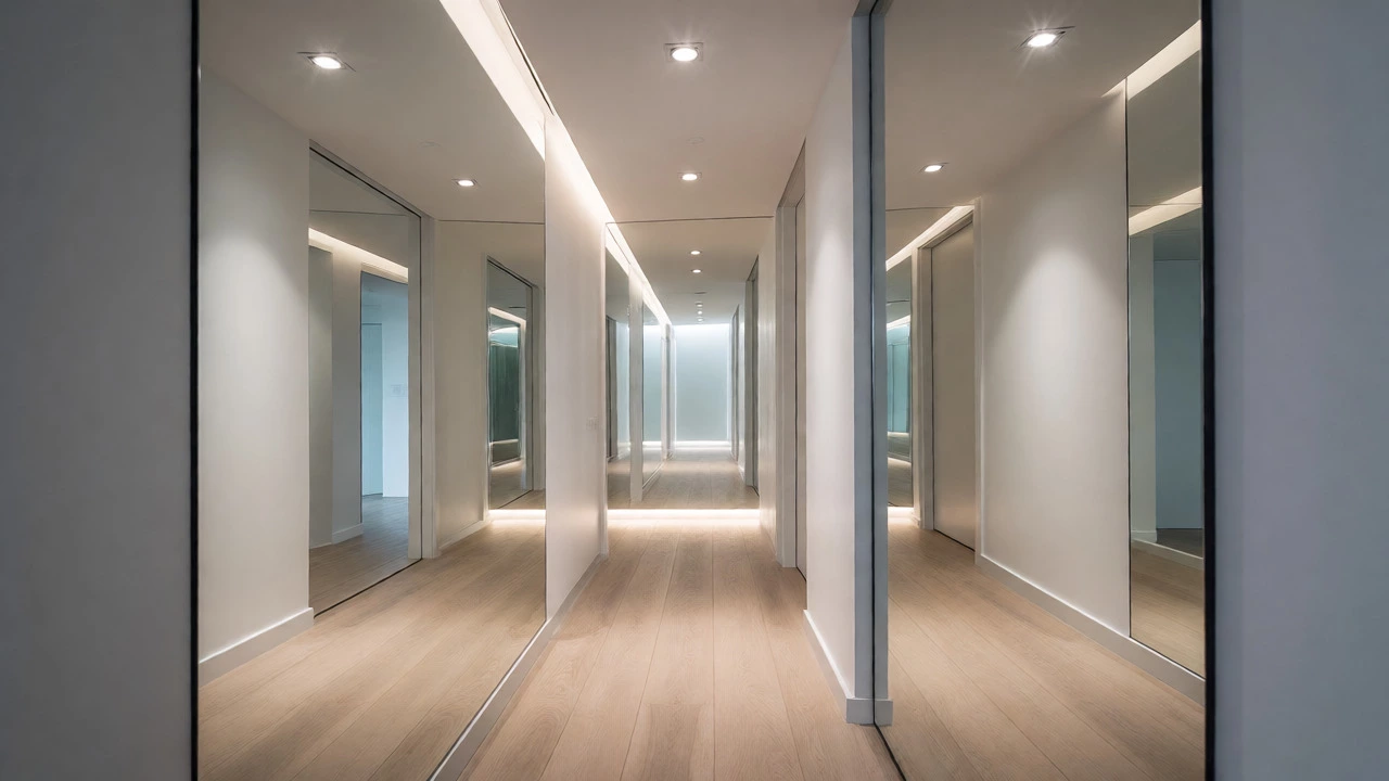 Narrow hallway with aligned mirrors creating an illusion of extended depth.