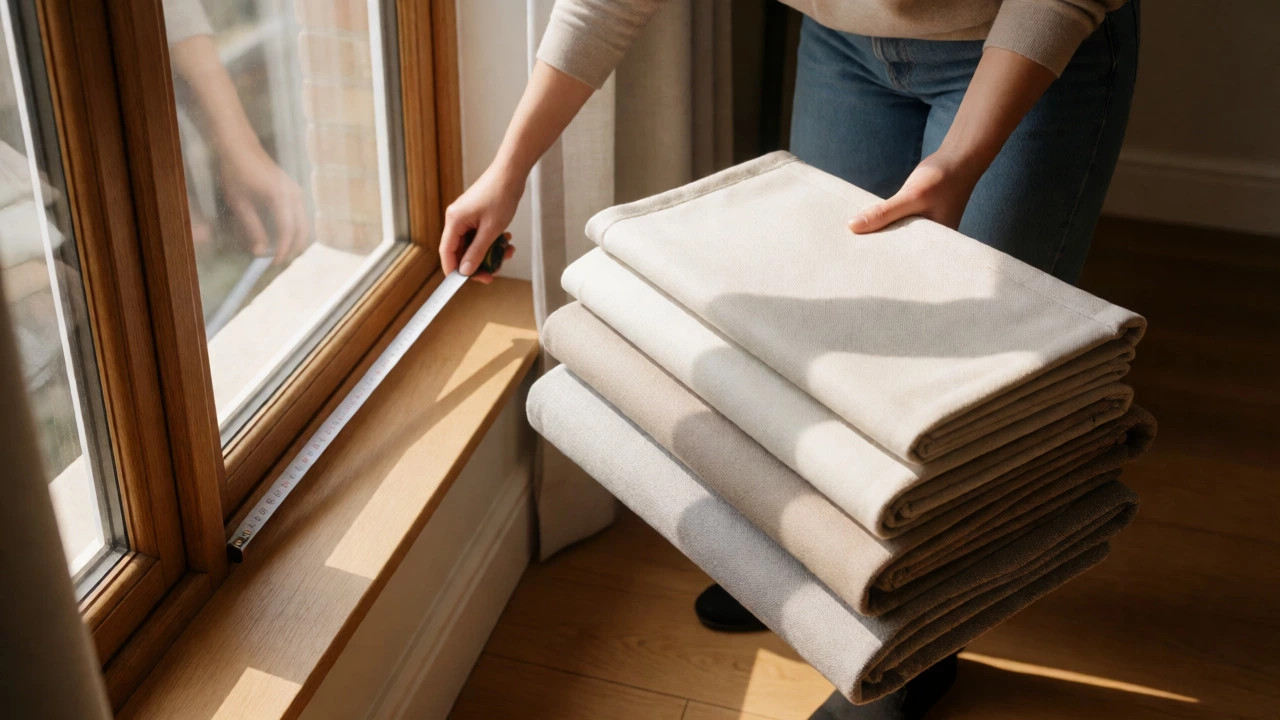 Person measuring window width while holding multiple curtain panels