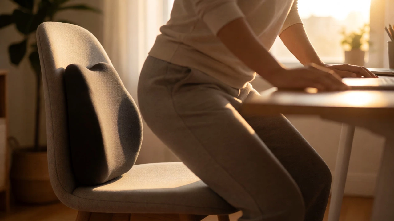 Person stretching after sitting, with a lumbar cushion on the chair nearby.