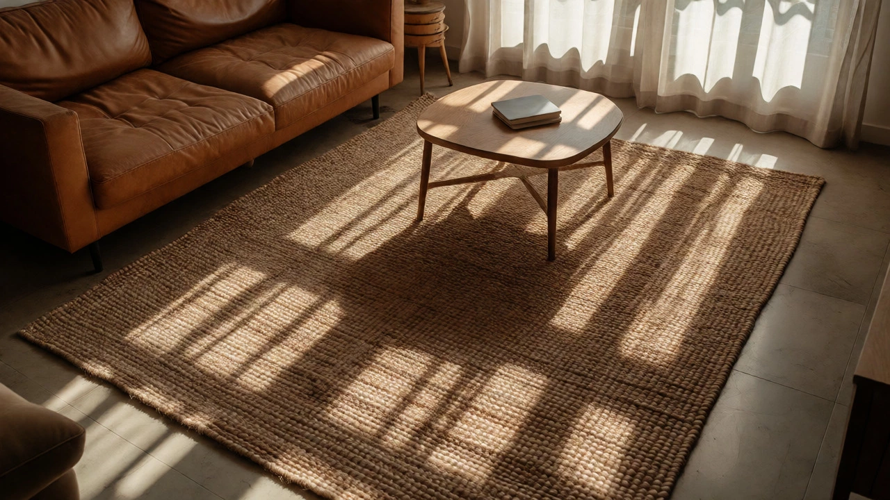 Rough textured jute rug in sunny living room