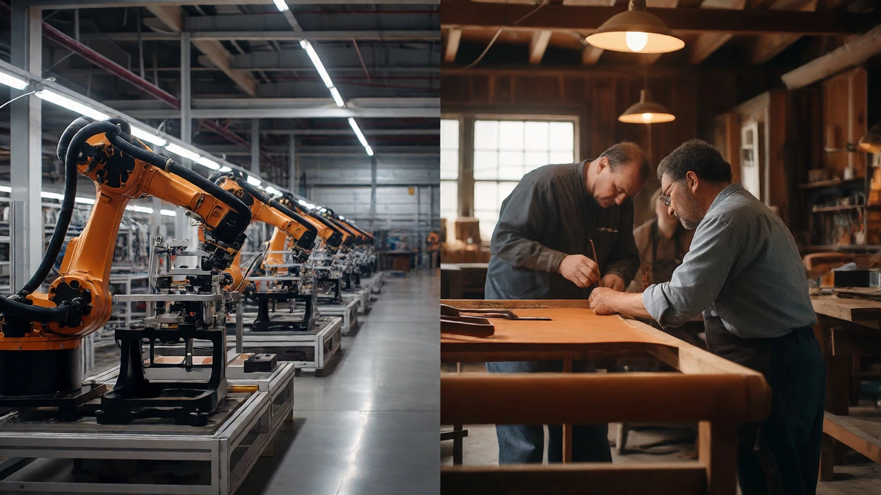 Split view showing automated Chinese assembly and manual US upholstery work.