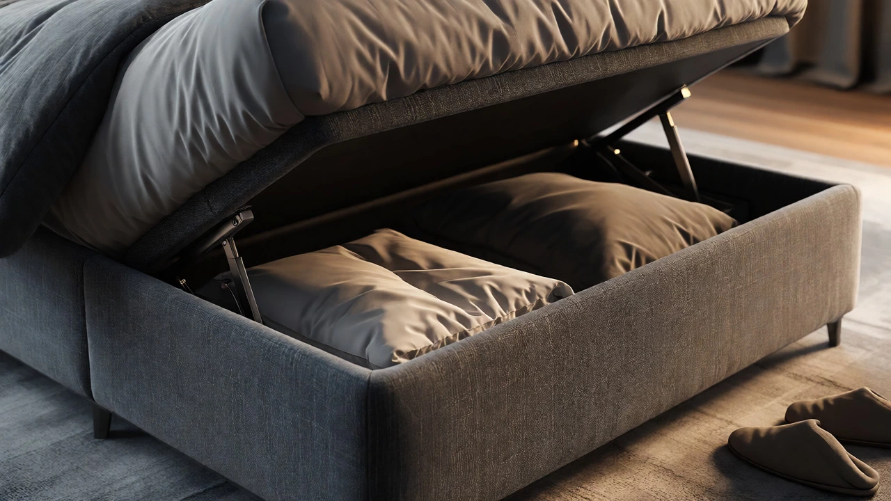 Upholstered ottoman with hydraulic lift open to reveal stored bedding
