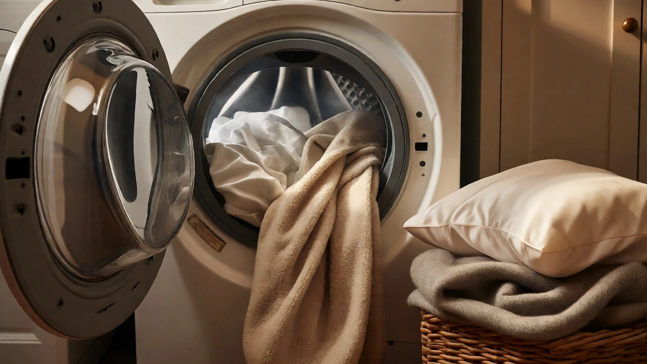 Washing machine containing mixed bedding and nearby laundry basket