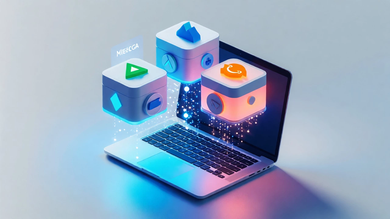 3D visualization of multiple cloud storage services stacking data from a laptop