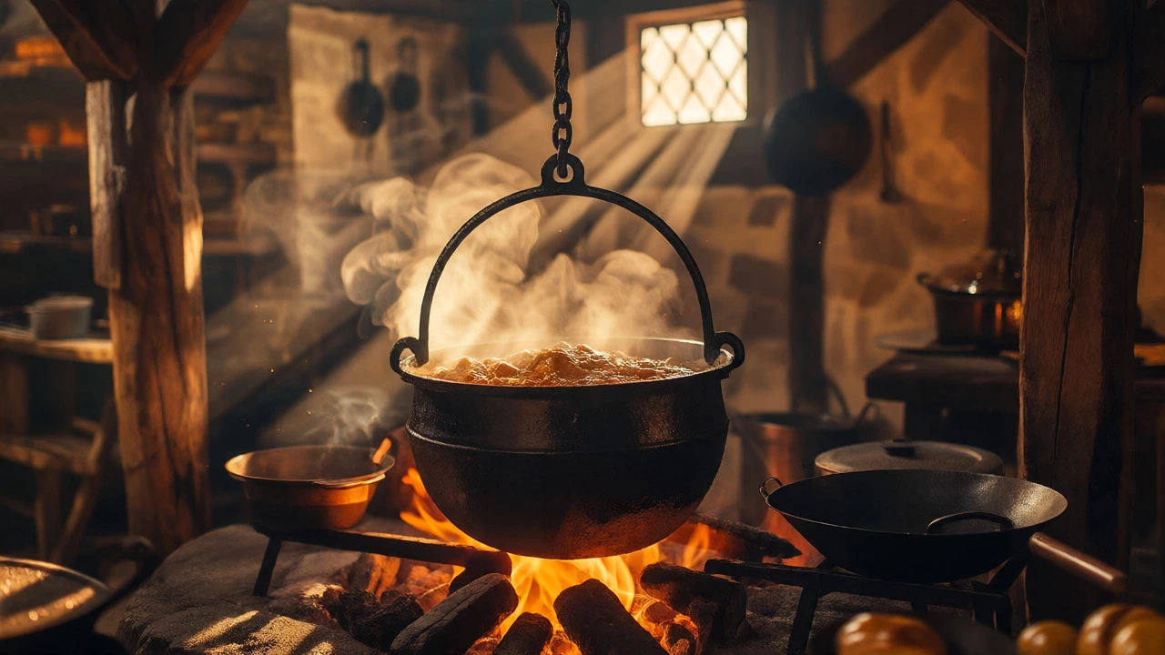 Cast iron cauldron simmering over a fire in a medieval kitchen