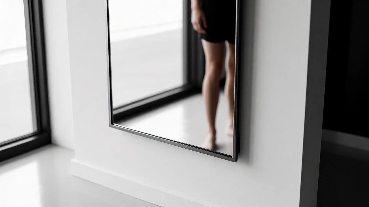 Close-up of a wall-mounted mirror reflecting a person under optimal lighting conditions with light flooring.