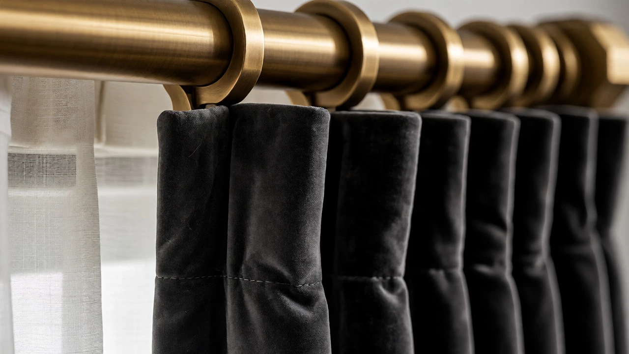 Close-up of brushed brass rod holding heavy charcoal velvet drapes over sheer fabric.