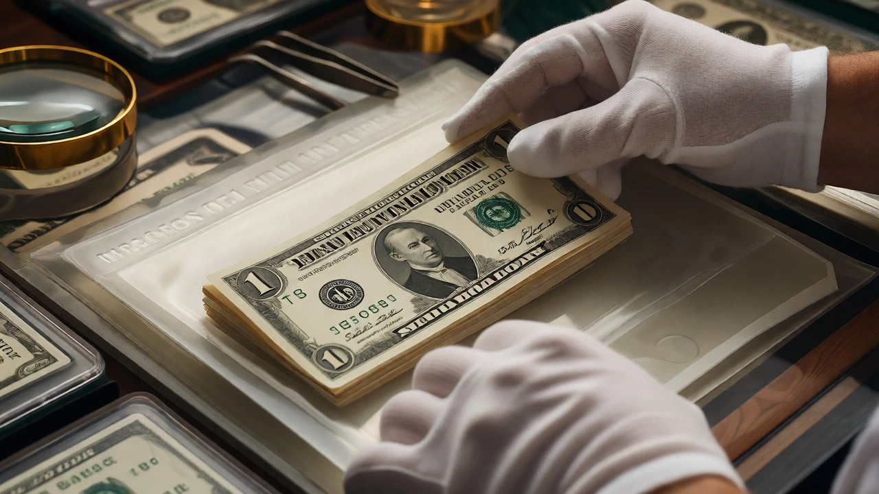 Collector placing a mint condition ,000 bill into a protective sleeve