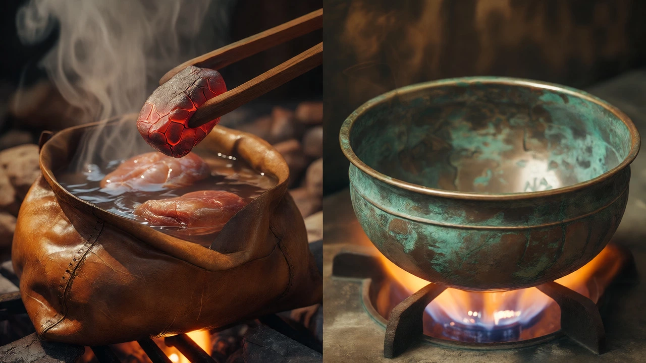 Comparison of stone-boiling in leather and early copper cookware
