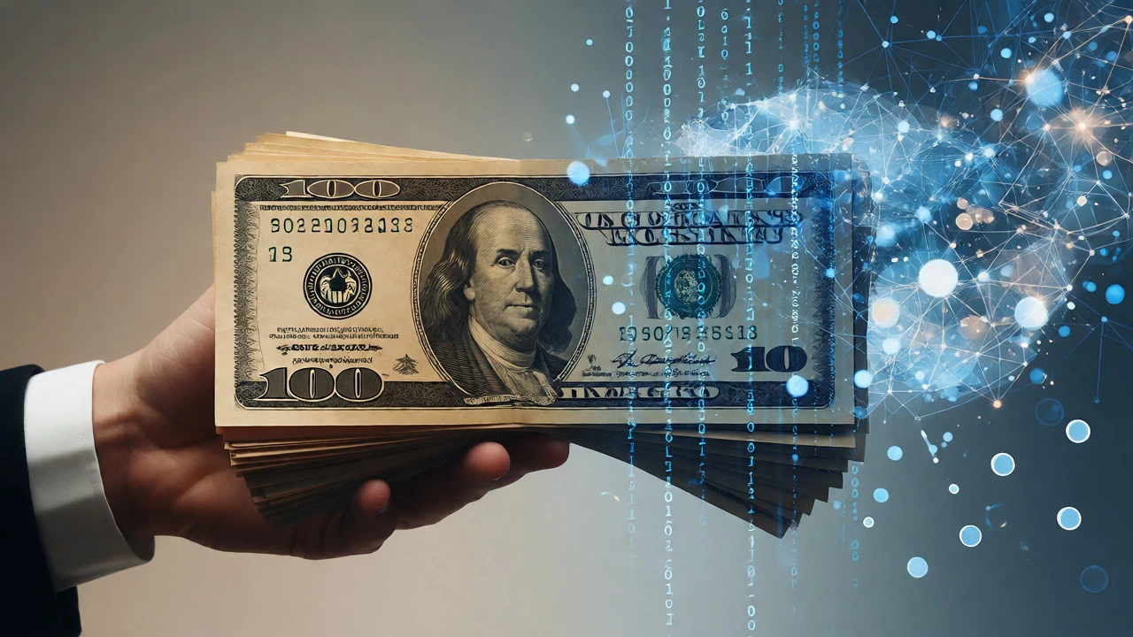 Conceptual art showing dollar bills transforming into digital data streams