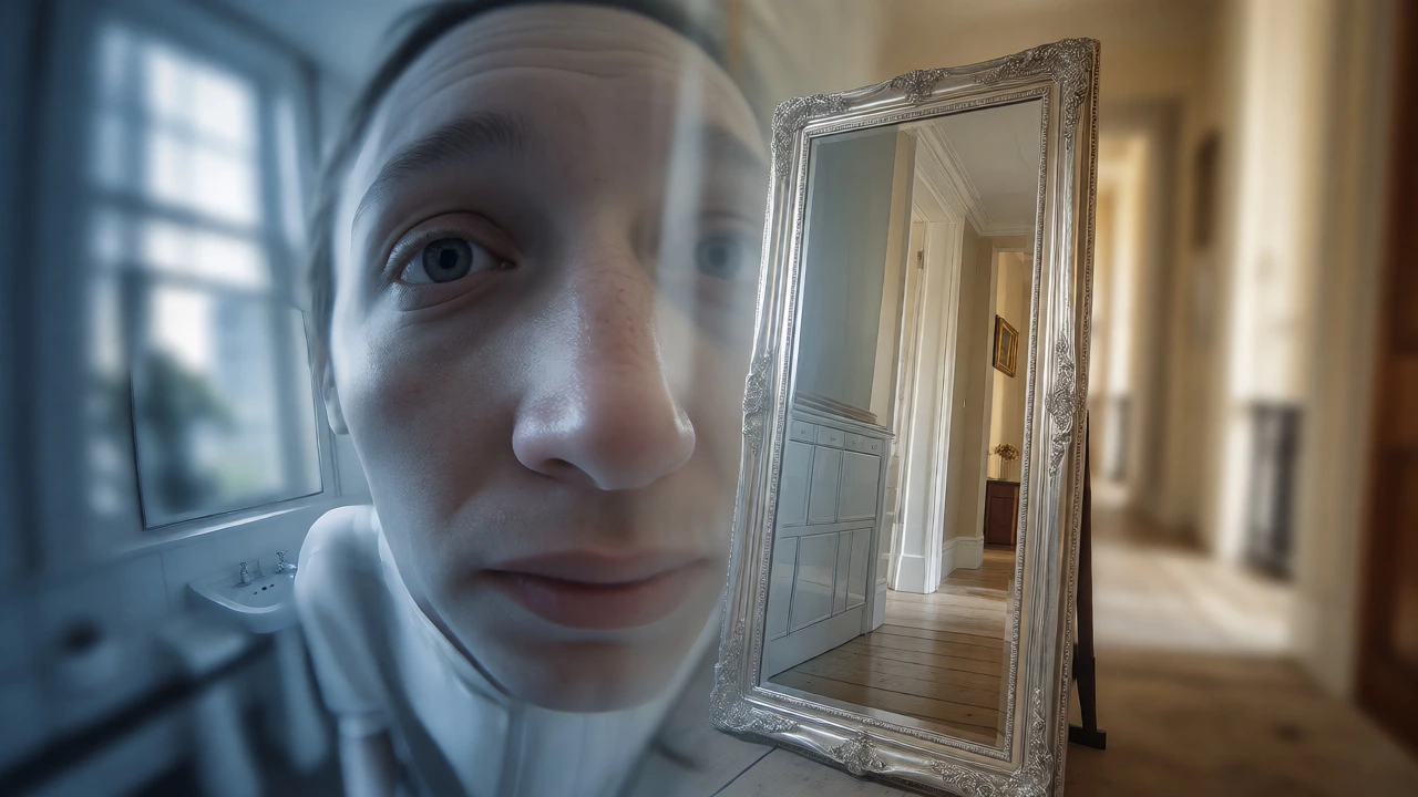 Conceptual split-image comparing distorted close-up reflection with accurate full-body mirror view.