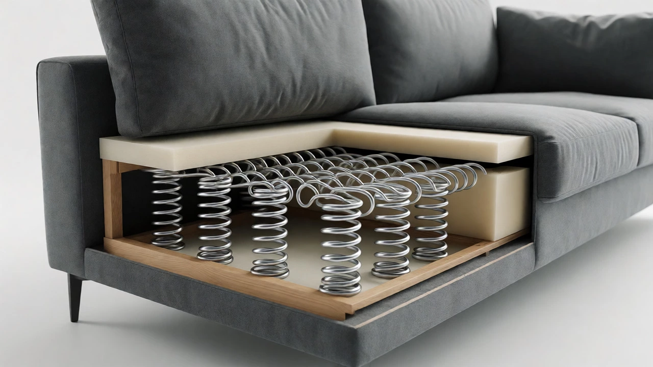 Cross-section showing sinuous springs and high-density foam cushions