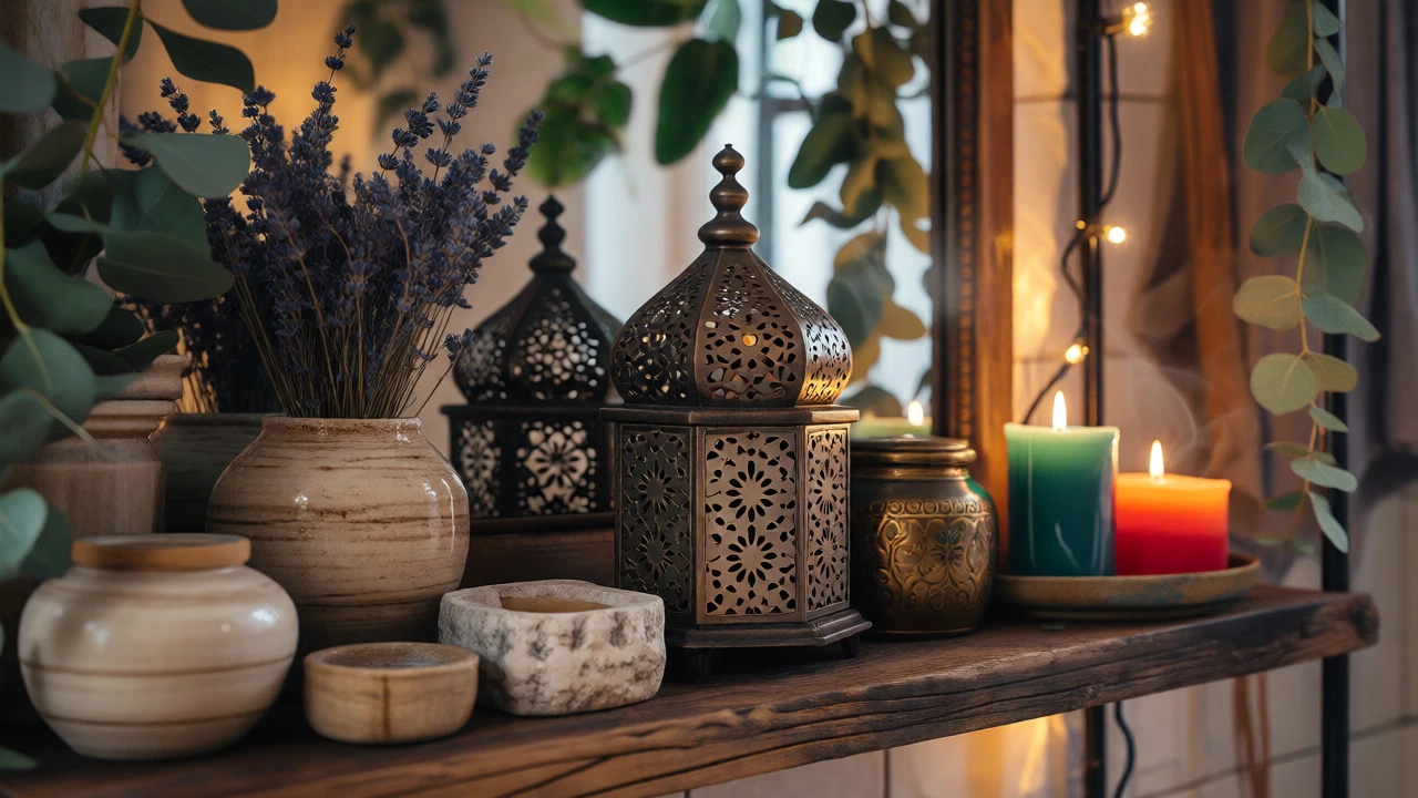 Detailed close-up of boho bathroom shelf with textures and plants