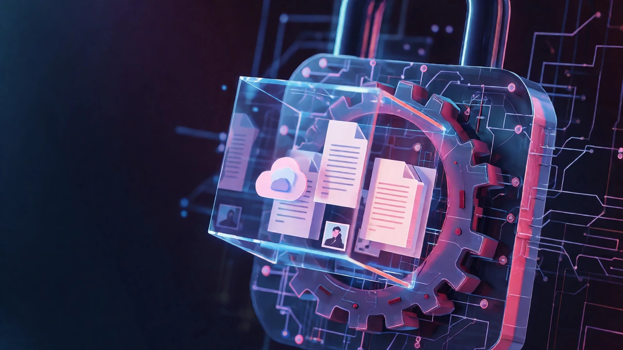 Digital documents protected inside a glowing encrypted glass cube