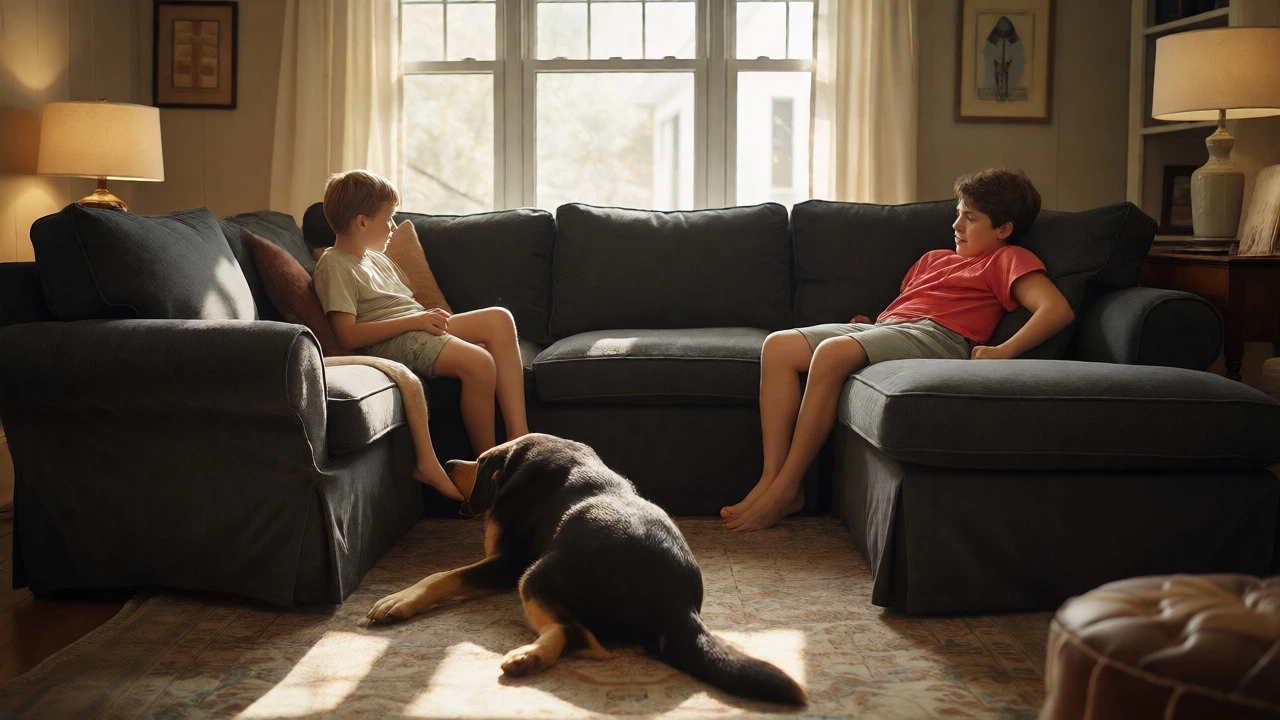 Family using a durable performance fabric sofa with pets and kids