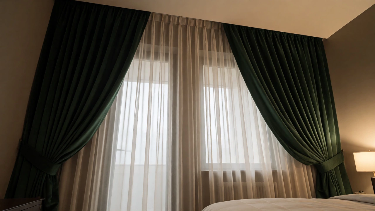 Layered dark green drapes and sheers framing a window in a sophisticated bedroom.