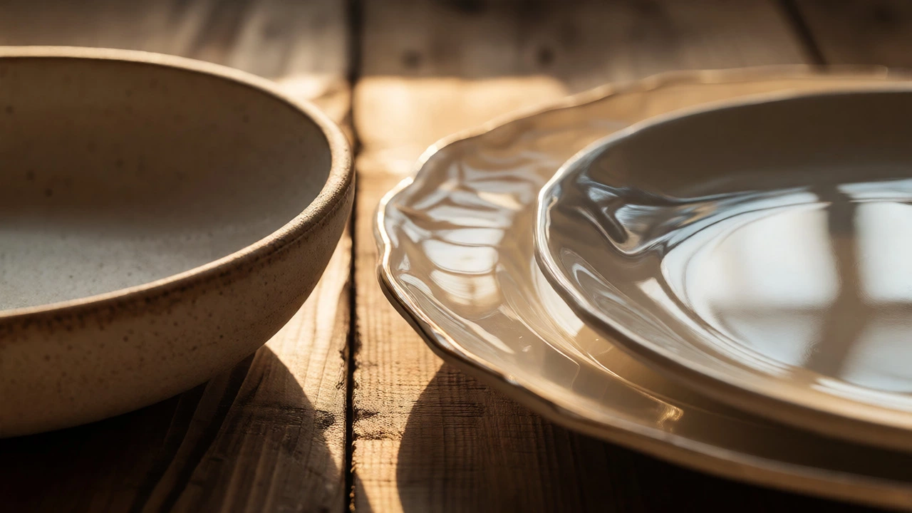 Macro shot comparing stoneware, bone china, and melamine textures