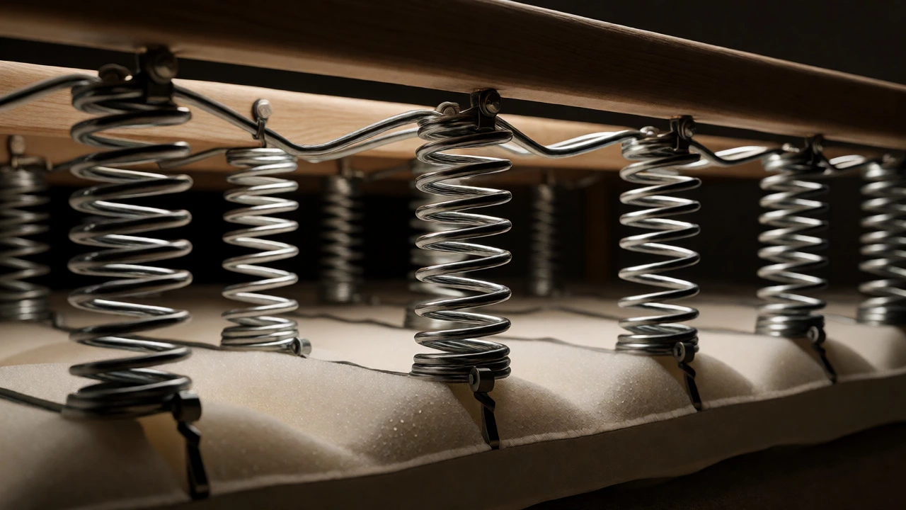 Macro view of eight-way hand-tied steel spring suspension system