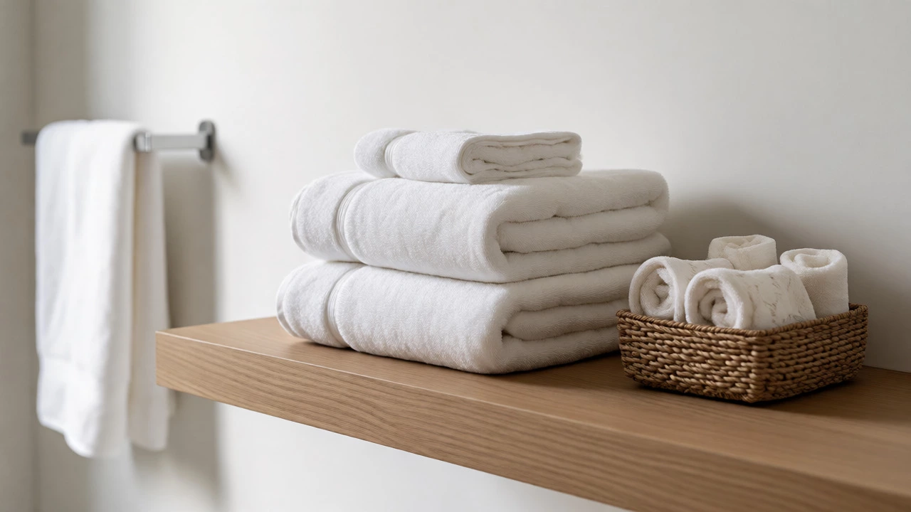 Minimalist bathroom shelf with neatly folded high-quality white towels