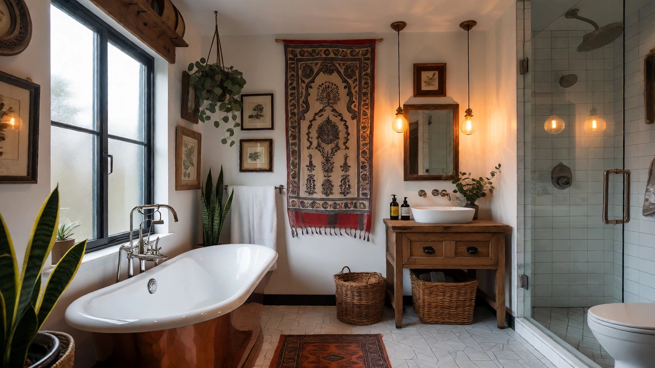 Modern boho bathroom with copper tub and eclectic decor