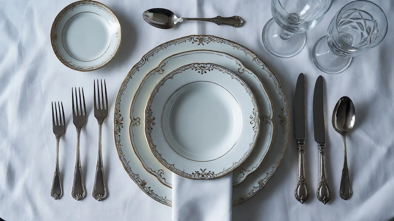 Overhead view of a formal place setting with charger and stacked plates