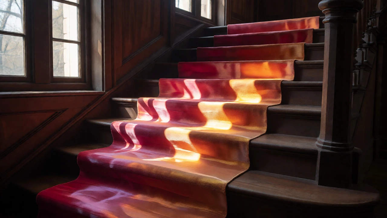 Silk rug on stairs reflecting sunlight