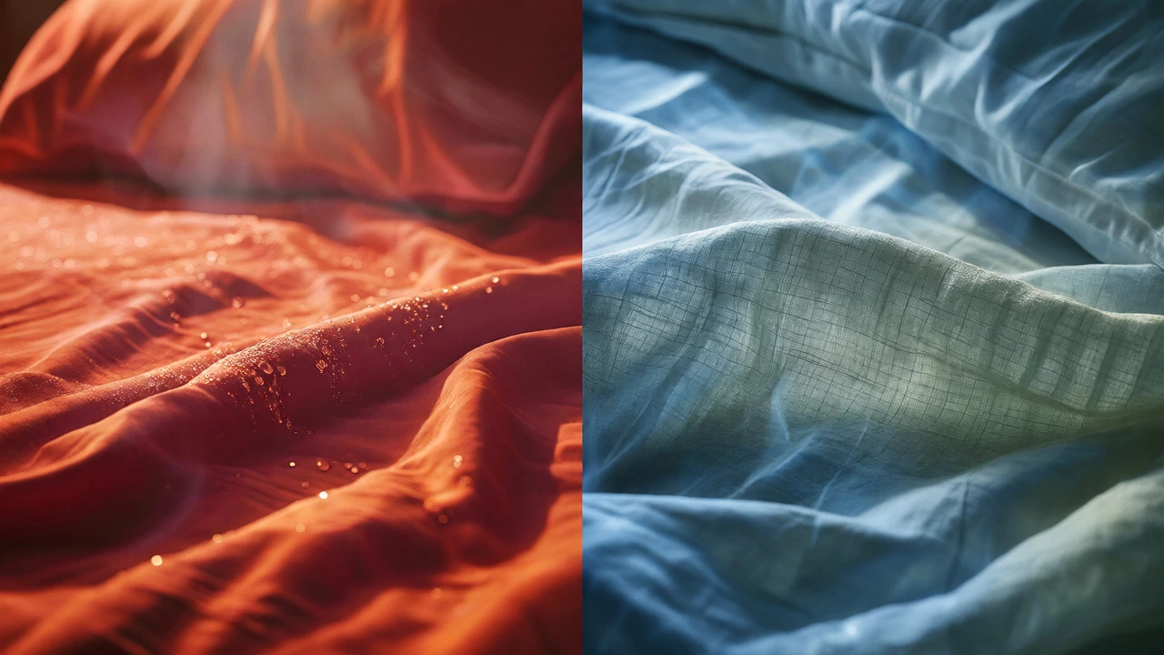 Split view comparing hot polyester sheets versus cool breathable linen