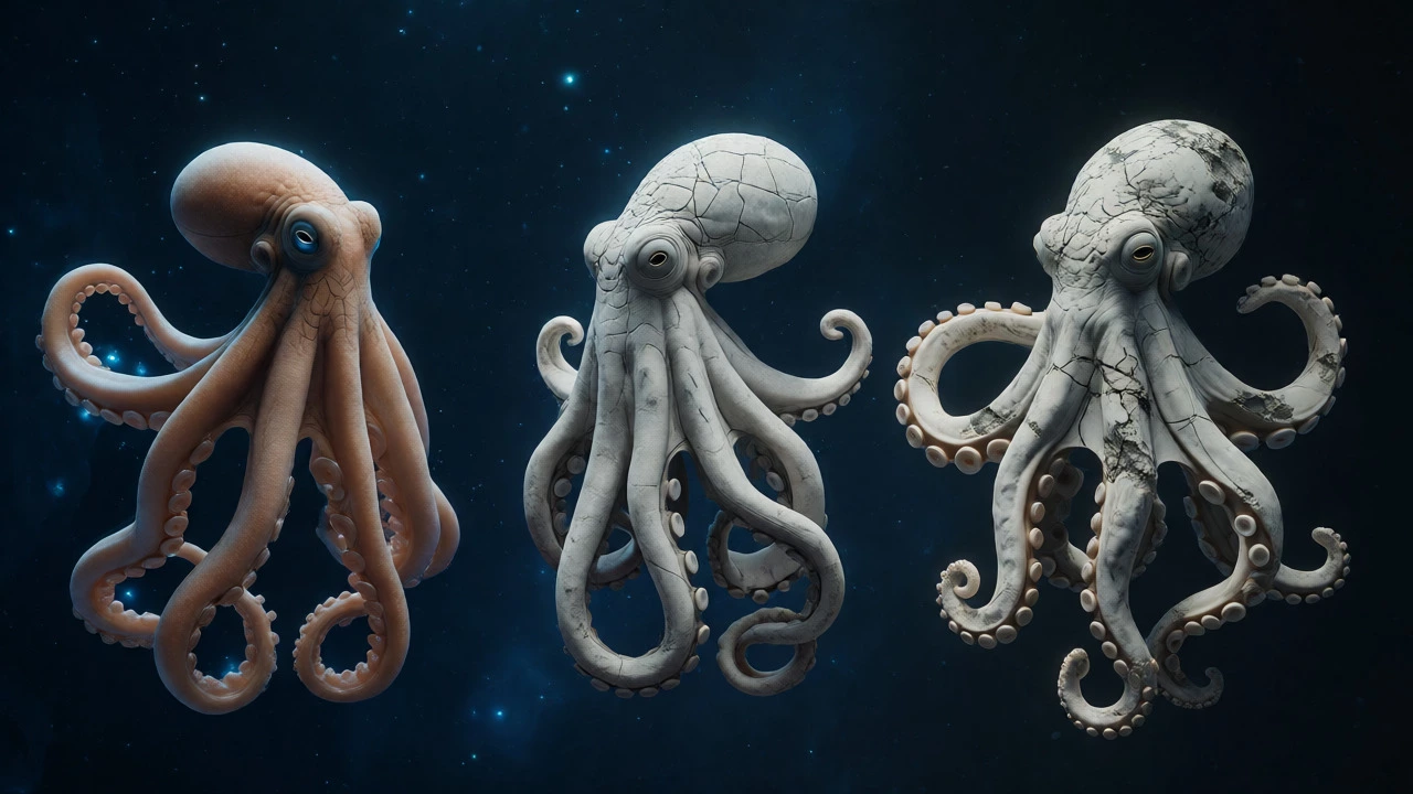 Three stylized octopuses representing different linguistic plural forms in a conceptual art piece.