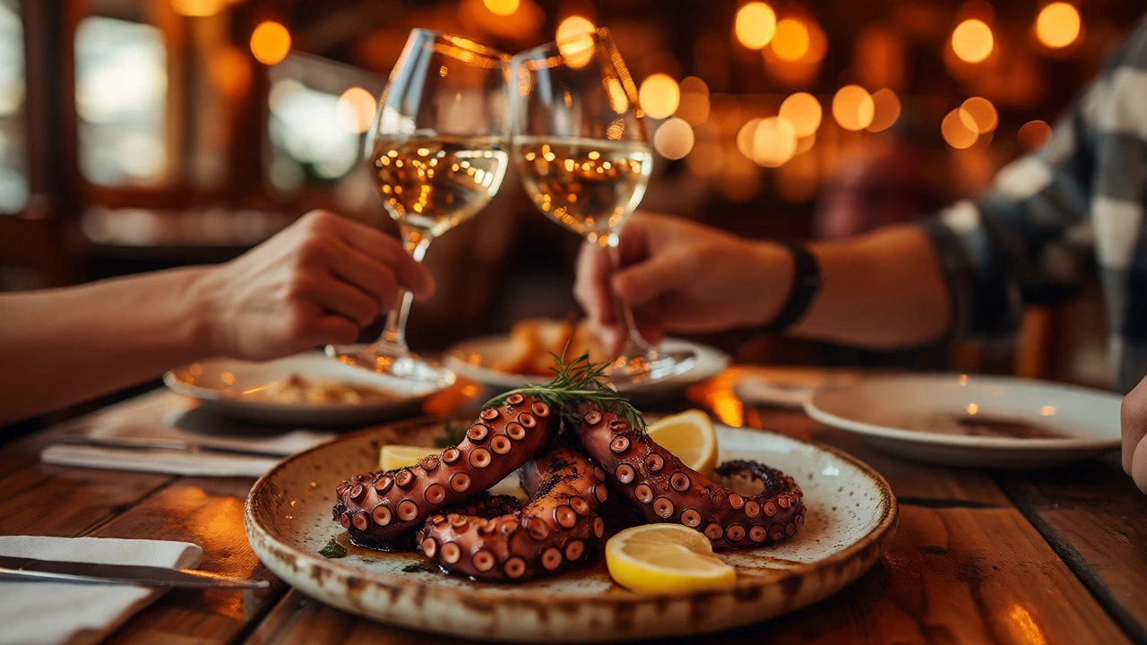 Two grilled octopus tentacles served on a rustic plate at a seafood restaurant.