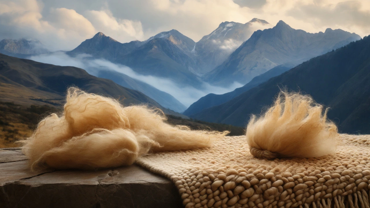 Vicuña wool tufts with mountain backdrop